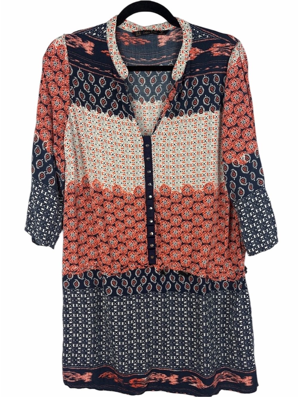 Zara Basic Medium Boho Patchwork Print Tunic Dress Navy Coral